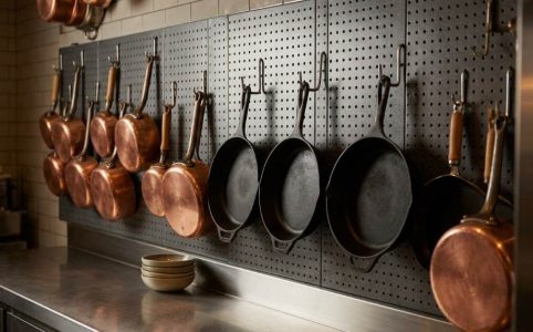 Best way to store pots and pans using a ceiling-mounted pot rack in a modern kitchen