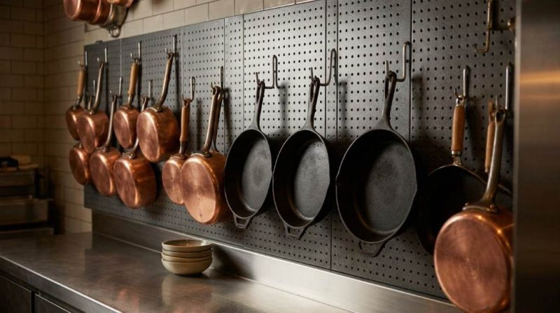 Best way to store pots and pans using a ceiling-mounted pot rack in a modern kitchen