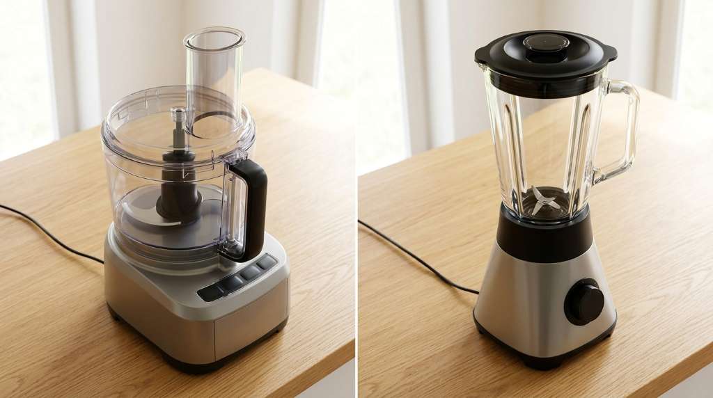 Blender making a thick green smoothie with spinach, banana, and almond milk