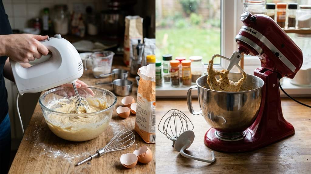 Compact hand mixer stored in kitchen drawer next to baking tools