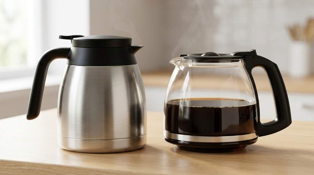 Glass carafe sitting on drip coffee maker hotplate
