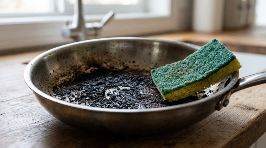 Hand scrubbing a stainless steel pan with a non-scratch pad and baking soda paste