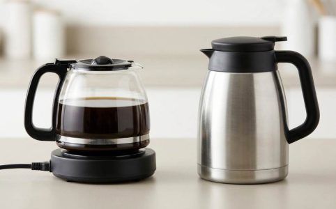 Thermal carafe vs glass carafe side by side comparison on kitchen counter