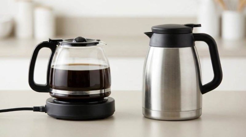 Thermal carafe vs glass carafe side by side comparison on kitchen counter