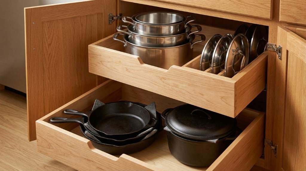 Wall-mounted rail with S-hooks holding pots, pans, and kitchen utensils