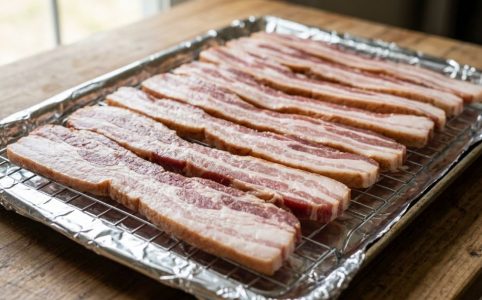 Crispy bacon strips cooking on a baking sheet inside an oven