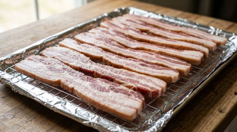 Crispy bacon strips cooking on a baking sheet inside an oven