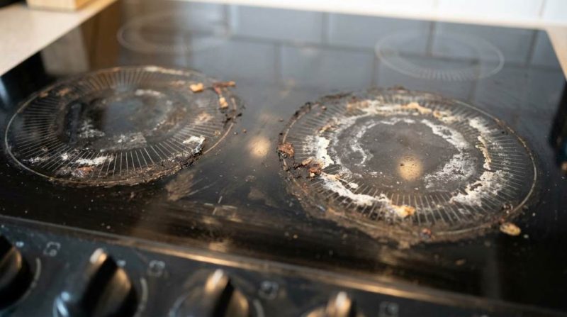 Person cleaning an electric stove top with microfiber cloth