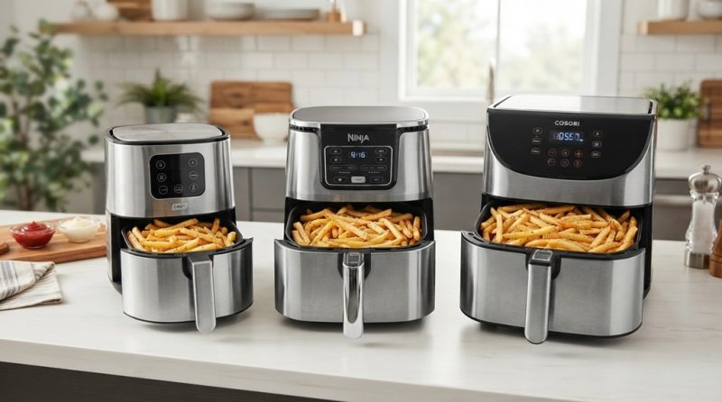 Three air fryers of different sizes open on a bright kitchen counter.