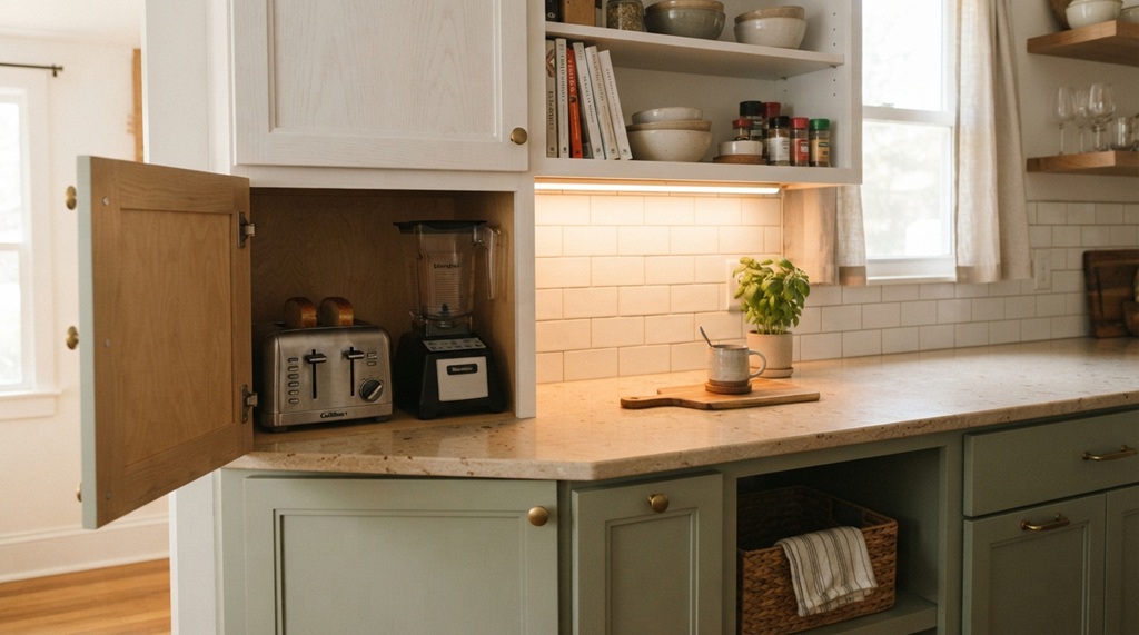 An open wooden appliance garage hiding kitchen appliances beside under cabinet lights.