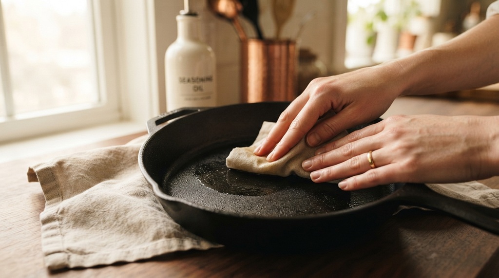 Hands using a folded paper towel to wipe oil onto a clean black cast iron pan.
