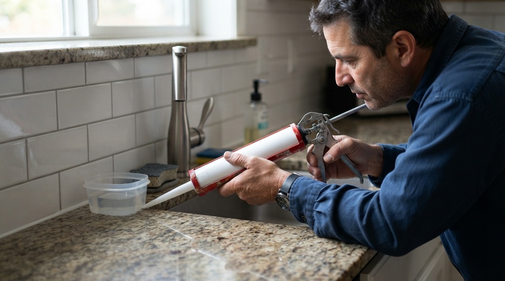 Man applying fresh silicone caulk between a granite countertop and backsplash.
