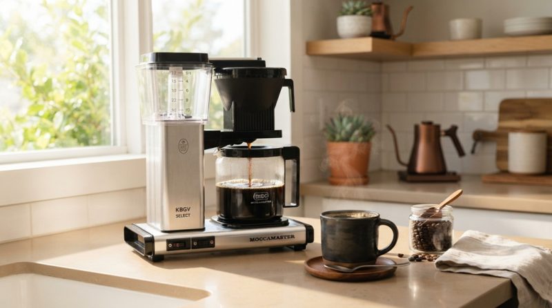 A clean drip coffee maker pouring fresh coffee into a glass mug on a counter.