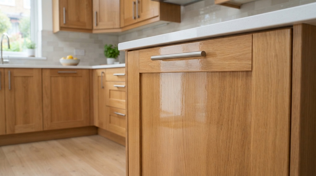 Spotless wood kitchen cabinet after removing tough grease stains.