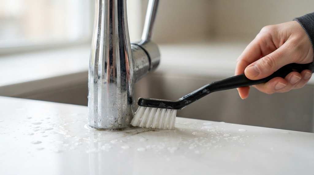 Detail brush scrubbing grime around chrome kitchen faucet base.