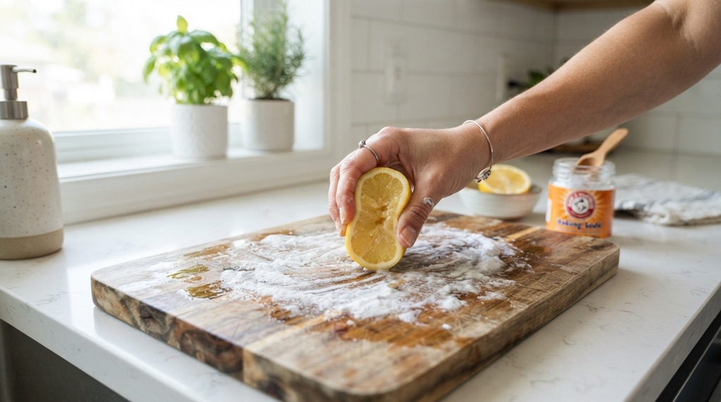 Hand scrubbing wooden cutting board with lemon half and baking soda.