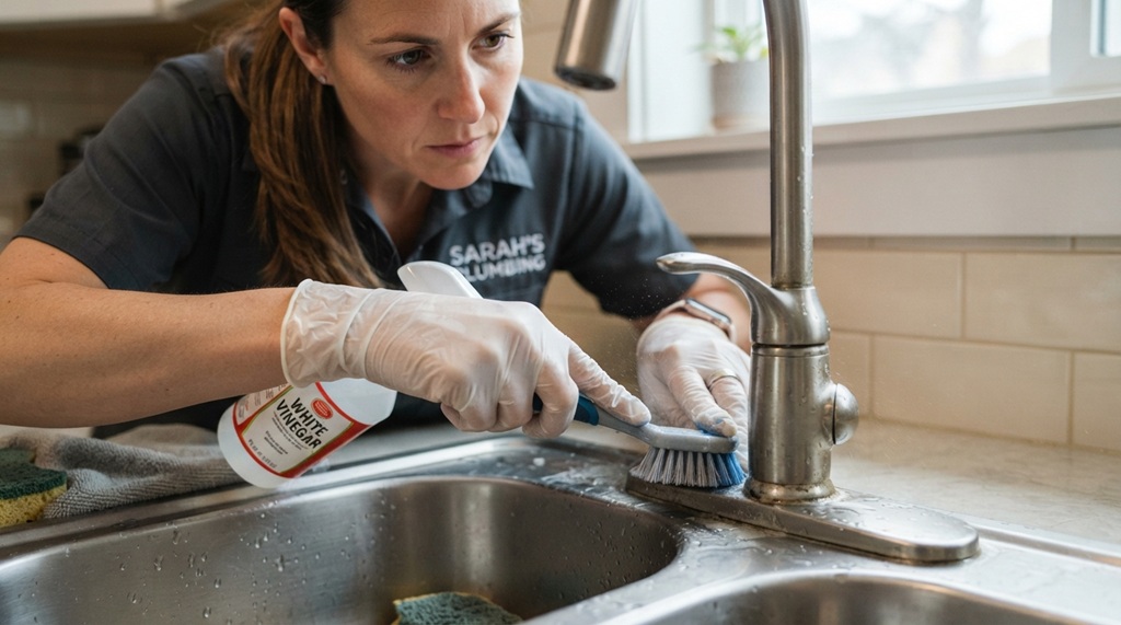 Female plumber scrubbing sealant around a stainless steel kitchen faucet.
