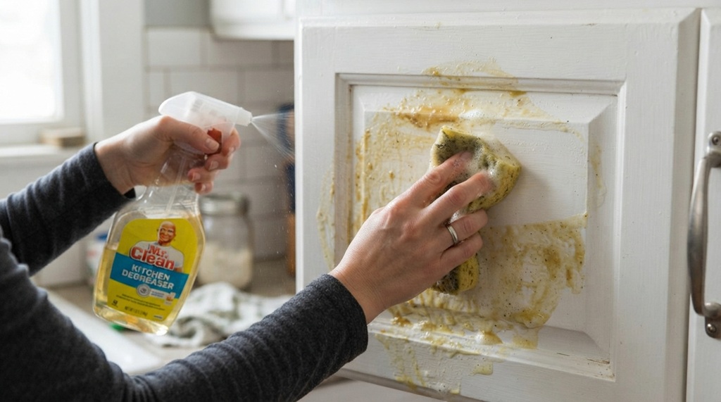Person wiping stubborn grease off white cabinet doors with sponge.