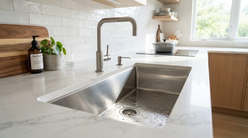 Sparkling stainless steel kitchen sink shining under bright natural light.