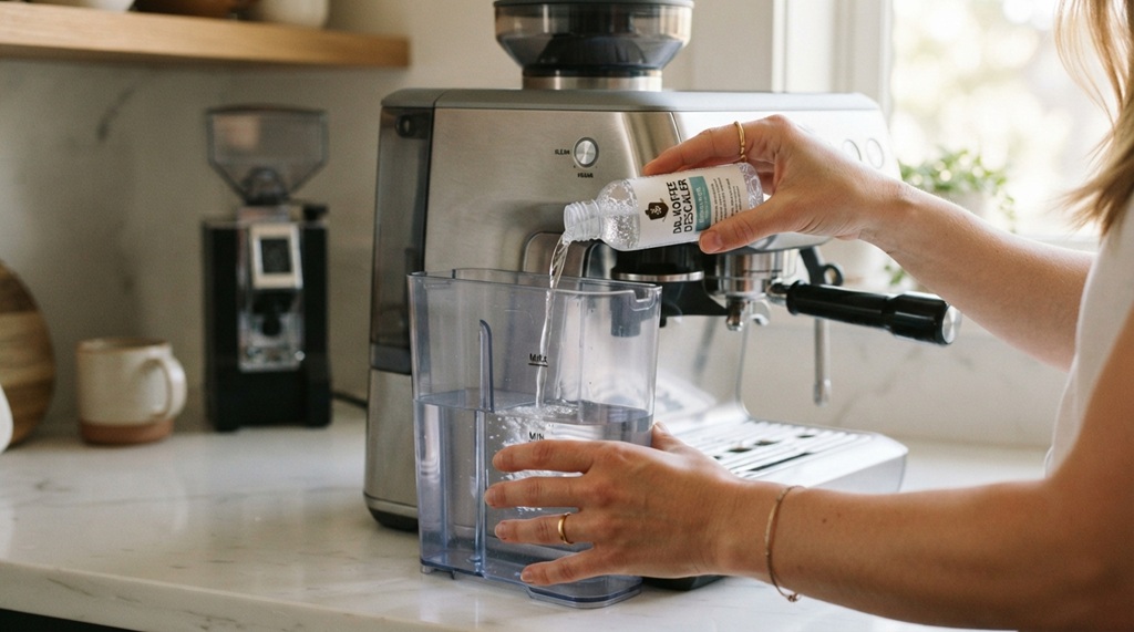 Hands pouring descaling solution into an espresso machine water tank.