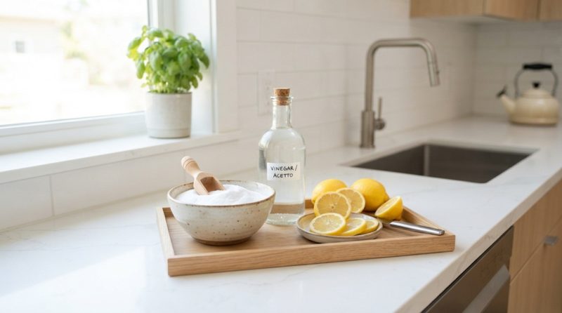 Bowl of baking soda and sliced lemons on a clean kitchen counter.