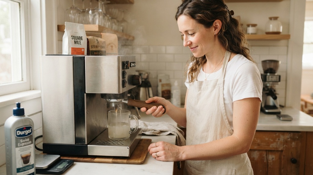 female-barista-descaling-espresso-machine Female barista running a descaling flush cycle through an espresso machine.