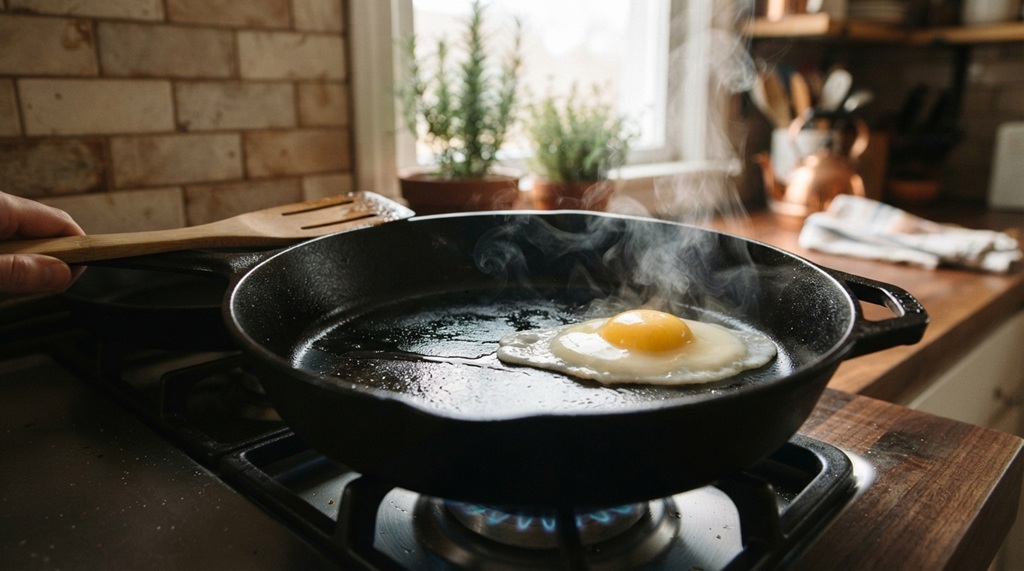 A sunny-side-up egg sliding smoothly inside a freshly seasoned cast iron skillet.