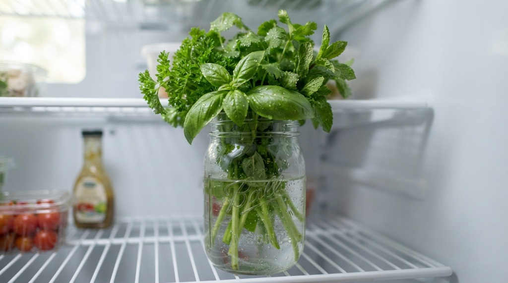 Fresh parsley stored upright in a glass jar of water inside refrigerator.
