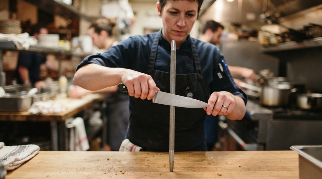 Female chef demonstrating proper angle technique holding steel honing rod vertically.