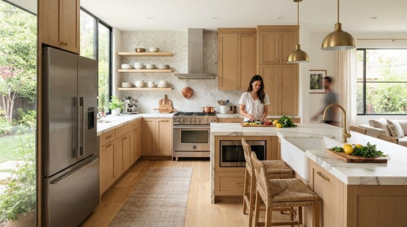 A bright modern kitchen showing a clear layout between sink stove and refrigerator.