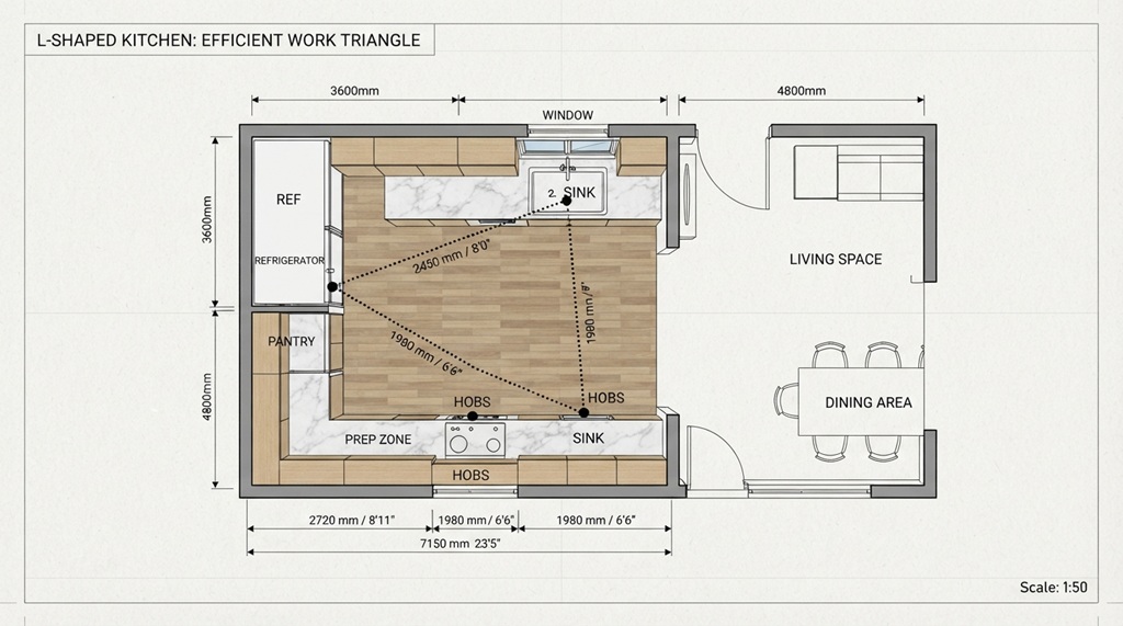 Floor plan diagram illustrating ideal distance between main kitchen work zones.