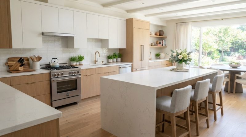 A clean white quartz countertop in a modern bright kitchen.