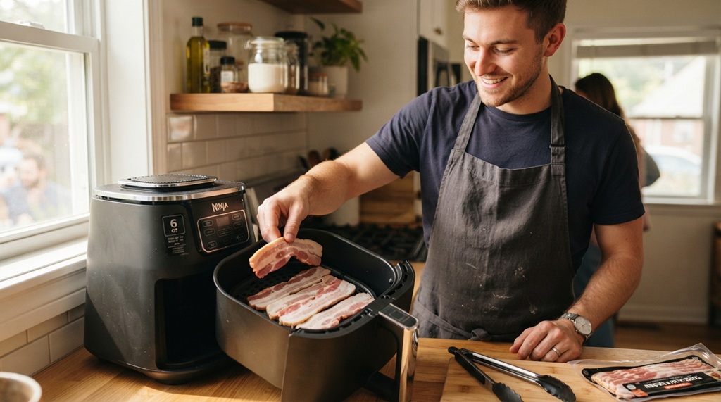man-cooking-bacon-air-fryer-basket.