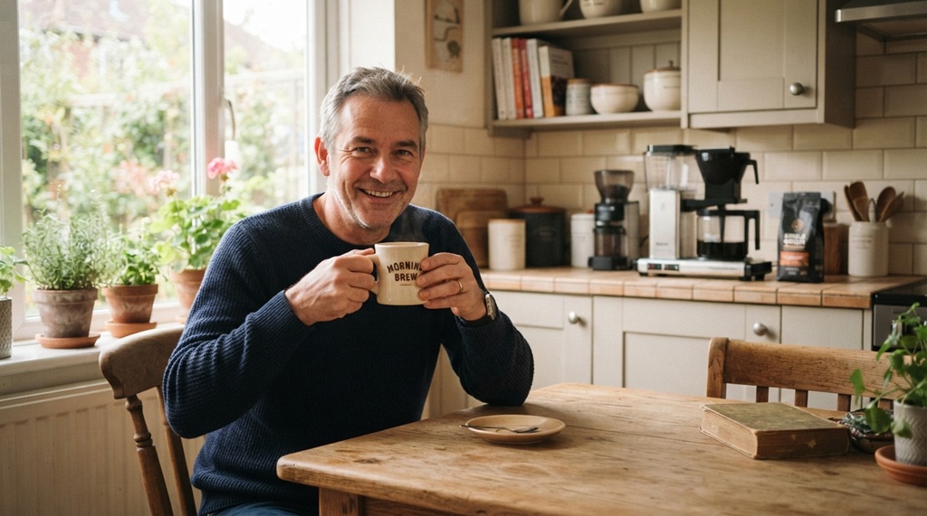 A man taking a sip from a mug of coffee in a bright kitchen.