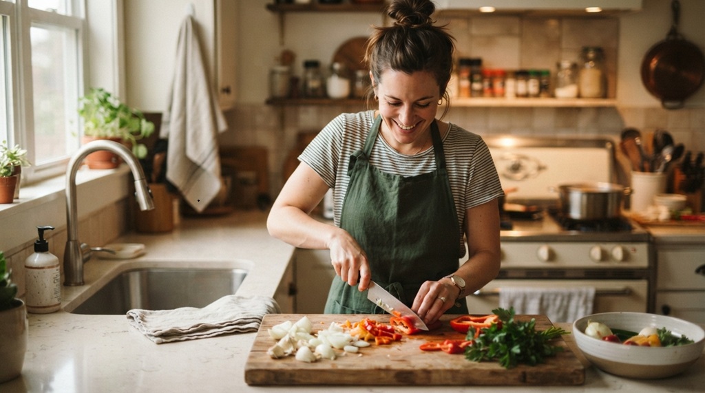 A person slicing vegetables on a countertop next to a stainless steel sink.