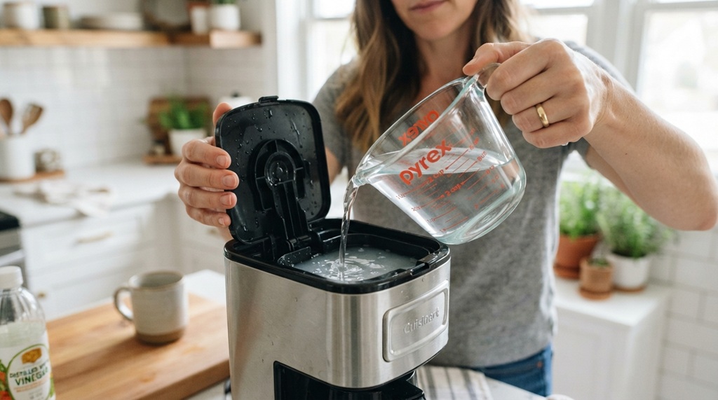 A woman pouring a white vinegar and water solution into a coffee machine reservoir.