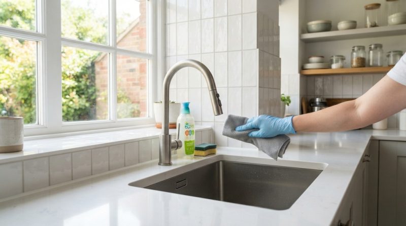 Gloved hand wiping a clean kitchen backsplash seal with a microfiber cloth.
