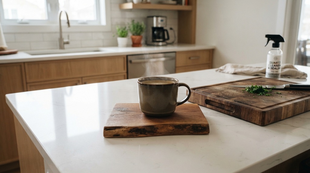 A coffee mug placed on a wooden coaster on quartz counters.