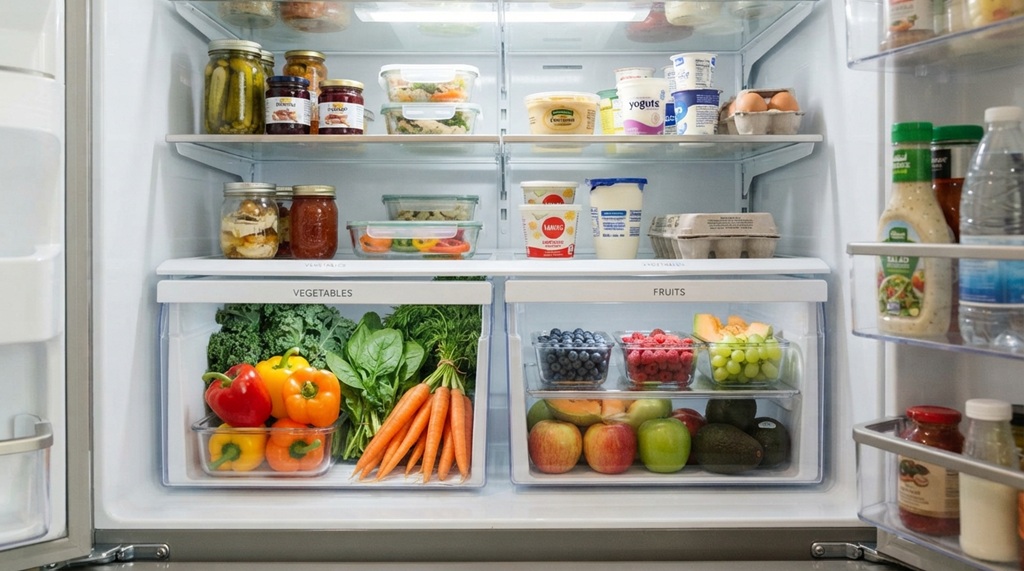 Open refrigerator crisper drawer containing crisp vegetables packed in clean containers.