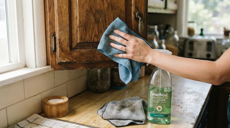Hands spraying cleaner on greasy wooden kitchen cabinets.