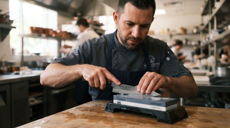 Male chef carefully sharpening high carbon chef knife using dual grit whetstone.