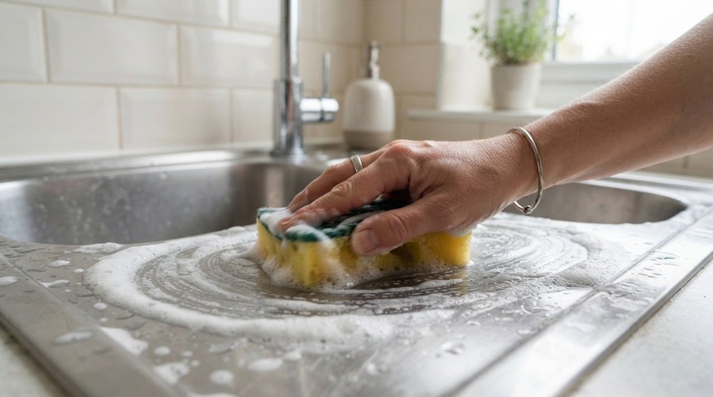 Hand scrubbing kitchen sink surface using a sponge and baking soda.