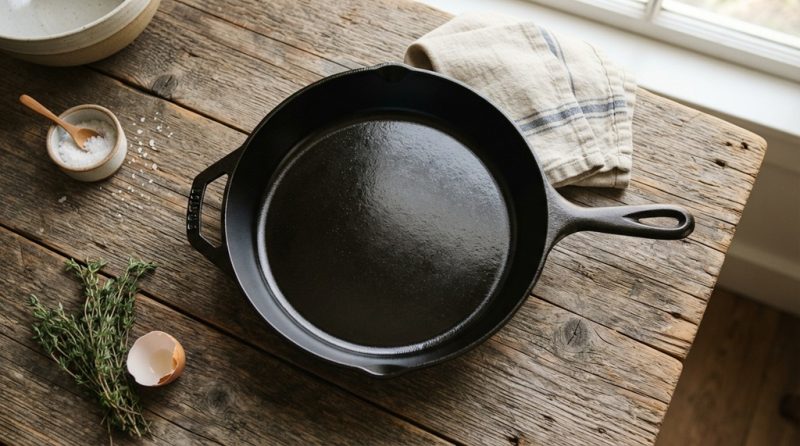 A glossy black cast iron skillet with a non-stick seasoned coating on a wooden counter.