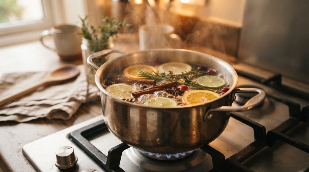 Pot of simmering lemon slices and cinnamon releasing natural steam on stove.