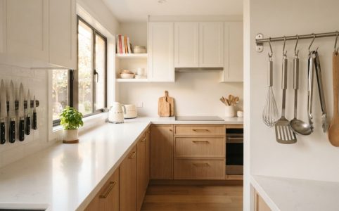 A modern small kitchen featuring clear countertops, wall knife strip, and hanging utensils.