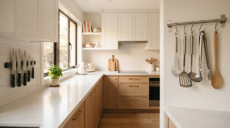 A modern small kitchen featuring clear countertops, wall knife strip, and hanging utensils.