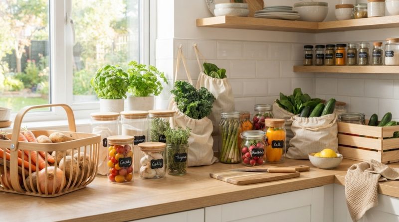 Hands organizing fresh vegetables in glass jars and breathable bags on counter.
