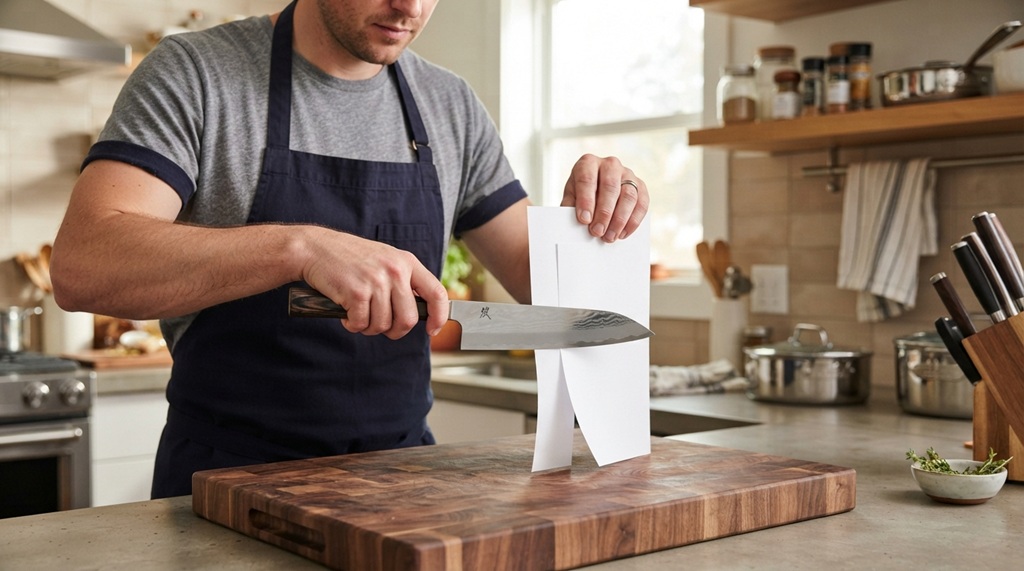Male chef effortlessly slicing paper to test razor sharp kitchen knife edge.