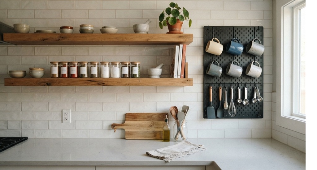 Open wooden floating shelves and pegboard storing mugs above a kitchen countertop.