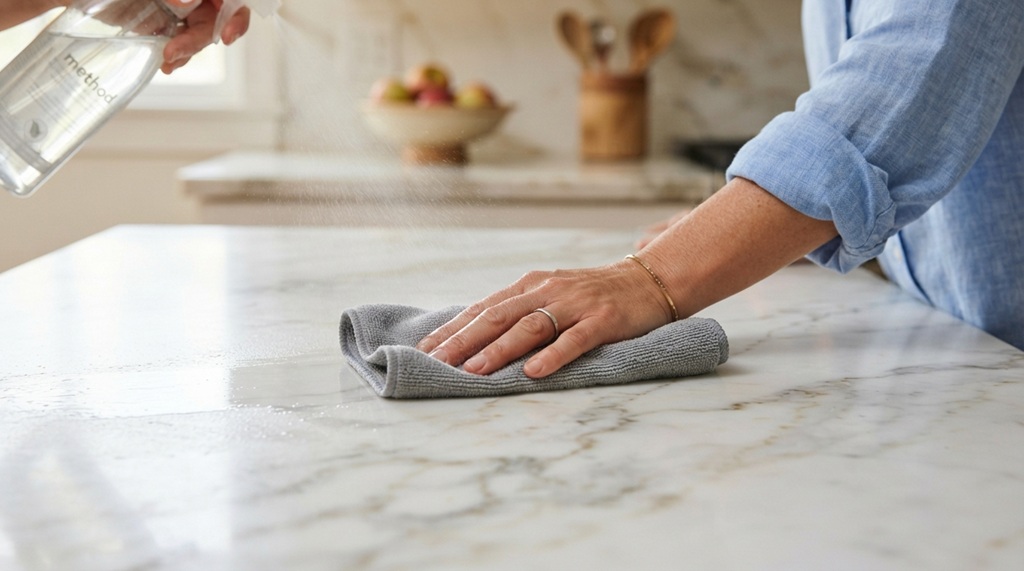 A hand wiping a quartz kitchen island using a microfiber cloth.